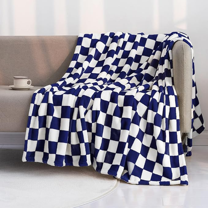 LOMAO Throw Blankets Flannel Blanket with Checkerboard Grid Pattern Soft Throw Blanket for Couch, Bed, Sofa Luxurious Warm and Cozy for All Seasons (Dark Blue, 40"x60")