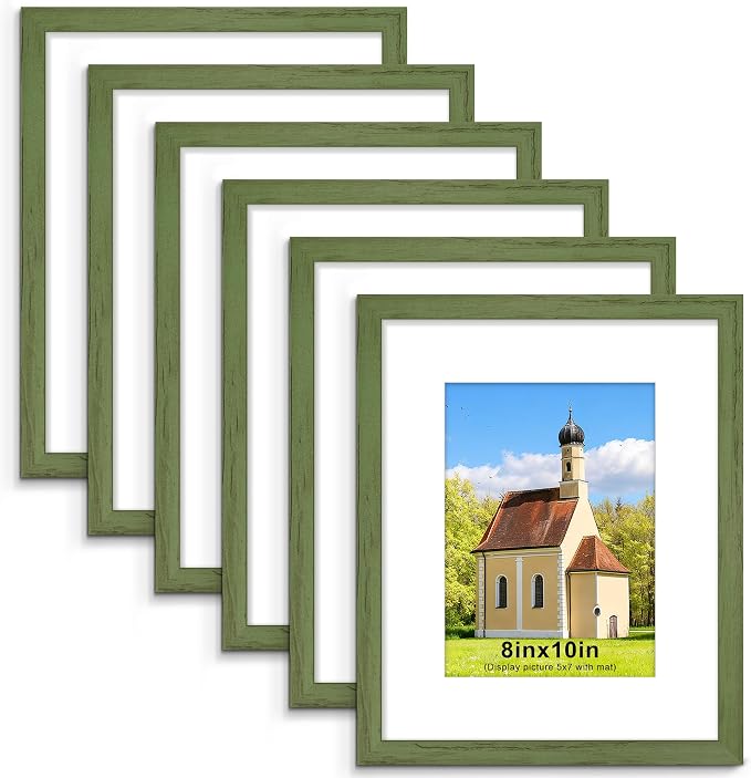 8x10 Picture Frame, Wall or Tabletop Display, Green Woodgrain,6 Pack | Display Pictures 5x7 with Mat or 8x10 Without Mat, Horizontal or Vertical, Gallery Wall Frame Set, Wedding Birthday Gifts