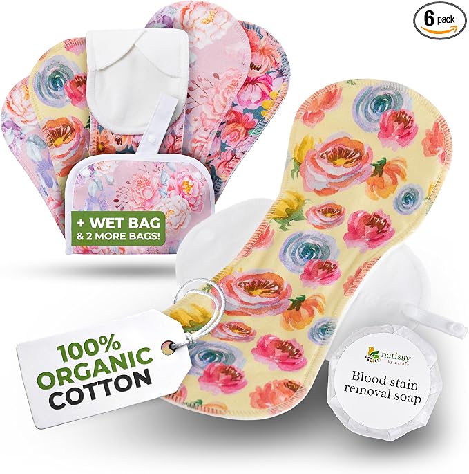 Organic Cotton, High Absorbency Reusable Period Pads for Heavy Flow (6 Pack L+XL) - Leak Proof & Odor Free Cloth Pads for Women - High-Temp Washable, Breathable & Skin-Safe for Menstrual Comfort