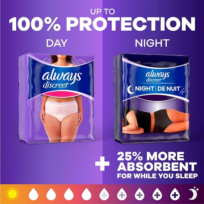 Always Discreet Night, Reimagined Adult Diapers for Women, Extended Overnight Absorbency Incontinence and Postpartum Underwear Size XL/XXL, 360 Degree Coverage While Laying Down, 48 Count