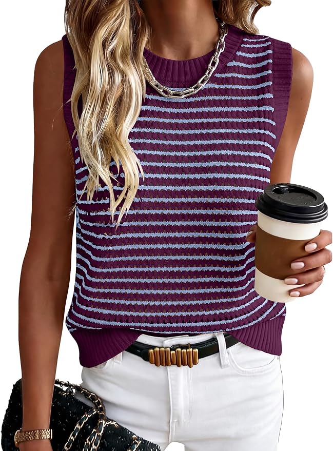 ANRABESS Womens Sleeveless Sweater Vest Striped Tank Tops | Crochet Knit Crew Neck, Lightweight Soft Comfy, Vacation Travel Work Casual Outfits, Sping Summer Layering Clothes