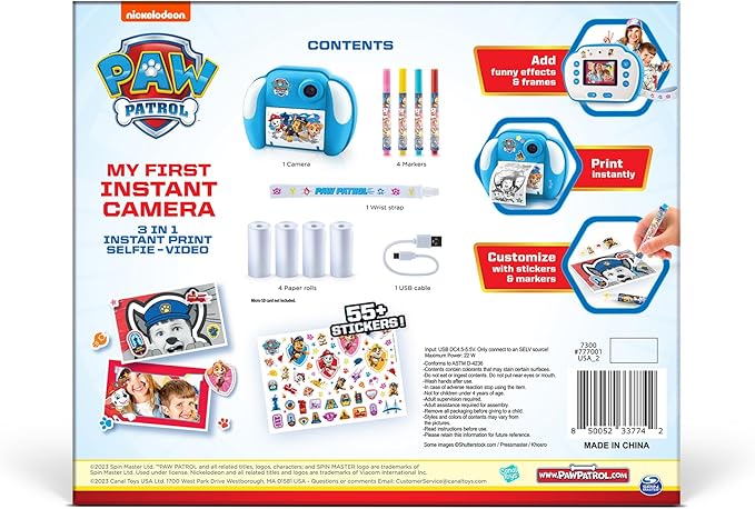 Paw Patrol™ My First Instant Camera; Photo, selfie, and video functions; Ink free printing; Frames and filters can be added digitally; Stickers and markers can be added after printing-Amazon Exclusive
