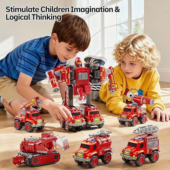Transform Toys for Boys 4-6, 5 in 1 Take Apart Toys for Boys 3-5, Fire Firetruck Transforming Assembling Robot Toy for Kids, Educational Birthday Gift for 4 5 6 7 8 Year Old Boy Girls