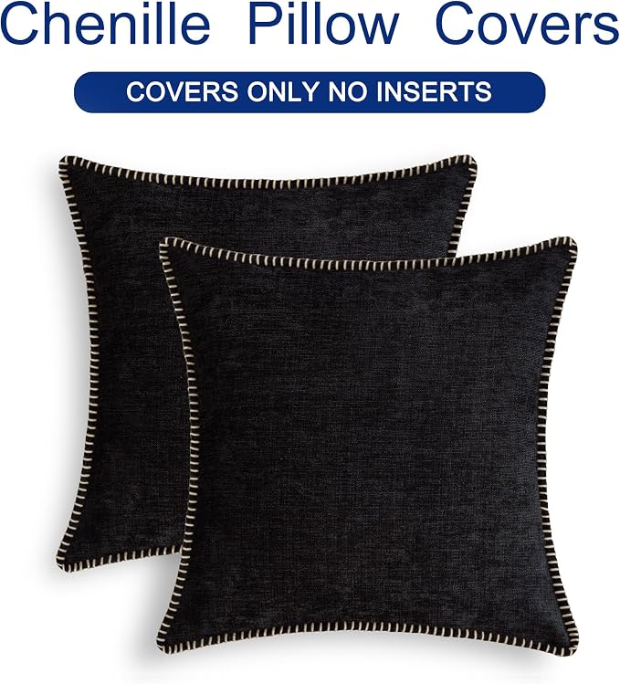 CaliTime Decorative Couch Throw Pillow Covers 24 X 24 Inches Black | Pack of 2, Cozy Chenille Cushion Cases, Cotton Thread Stitching Edges, for Sofa Bed Living Room Farmhouse