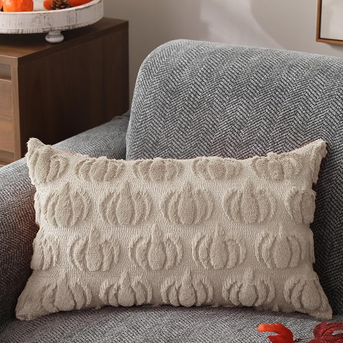 DFXSZ Fall Pillow Covers 12x20 2Pcs Beige Pumpkin Fall Decorations for Home | Fall decor Set of 2 Throw Pillow Cases Soft Plush Faux Fur Wool Couch Cushion for Chair Sofa Bedroom Living Room Home Decor