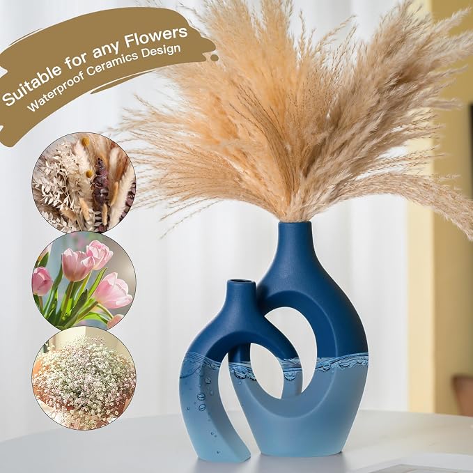 Lvases Blue Snuggle Hollow Ceramic Vase Minimalist Decorative Vases of 2 | 11 Inch Nordic Boho Decor Home Flower Vases for Living Room Coffee Table, Bookshelf Mantle & Entryway Pampas Grass Display