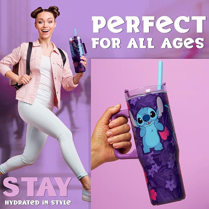 Disney Stitch Insulated Tumbler Travel Mug 33oz Stainless Steel Water Bottle with Handle and Straw Thermal Double Wall Vacuum Insulation Drinks for Hot Cold Ice Cupholder Compatible