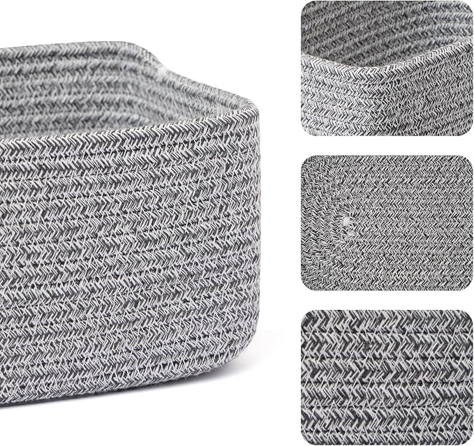 MiniArk Small Storage Baskets for Organizing | Closet Organizer Bins | Shelf Toy Basket | Woven Rope Baskets | Cube Decorative Box | Shallow Basket | 11.5x7.5x4.7” | 3 Packs Mixed Grey