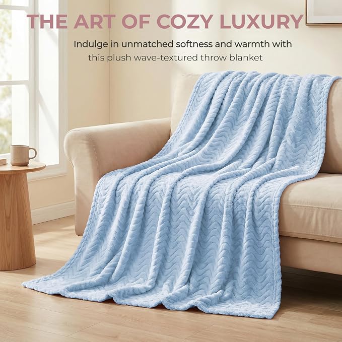 Exclusivo Mezcla Soft Fleece Blanket Twin Size for Bed, Sofa, Light Blue | 90"x66" Breathable Lightweight Flannel Blanket for Summer, Plush Cozy Jacquard Wave for Home Decor