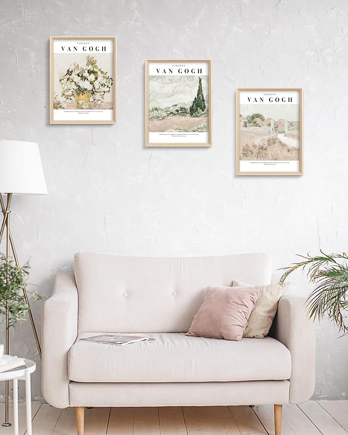 HesenDot Van Gogh Framed Wall Art, Neutral Canvas Prints Set of 3 | 12x16IN High Framed Design Prints, Floral Landscape Artwork, Vintage Wall Decor for Living Room Bedroom Gallery Office