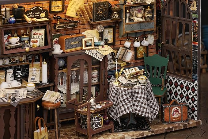 MAGQOO DIY Miniature Dollhouse Kit with Furniture 1:24 Scale Creative Room Mini Wooden Doll House Accessories DIY Miniature House Kit (Vintage Coffee Shop)