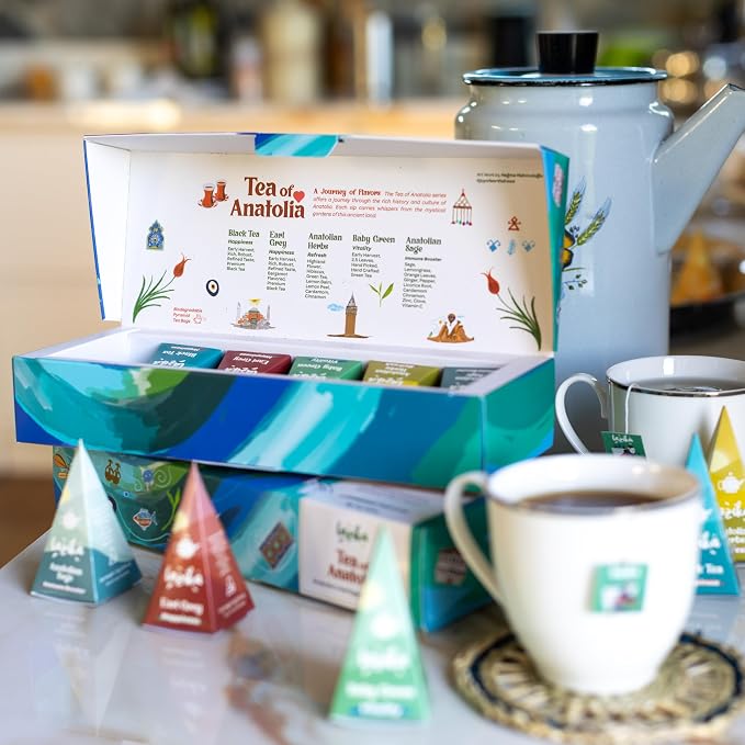 Lazika Tea Sampler with Premium Presentation Box, 10+10 Counts, Mothers Day Gift, 2 of Each Blend Individually Wrapped, Black Green and Herbal Tea Variety Gift Set, Collection with Pyramid Infuser Bag