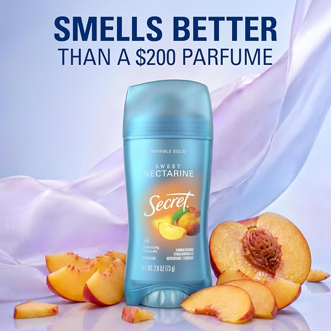Secret Fresh Antiperspirant Deodorant for Women, 72hr Breathable Sweat & Odor Protection, Instant Freshness & Gentle, PH Balancing Minerals, Invisible Solid, Sweet Nectarine Scent, 2.6 oz