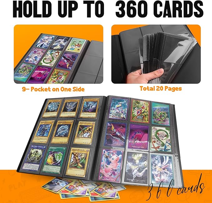 Card Binder 9-Pockets, Trading Card Binder, 20 Pages, 360 Card Capacity Collection Binder, Card Folder for MTG, TCG, Game Cards & Sports Cards（Black）
