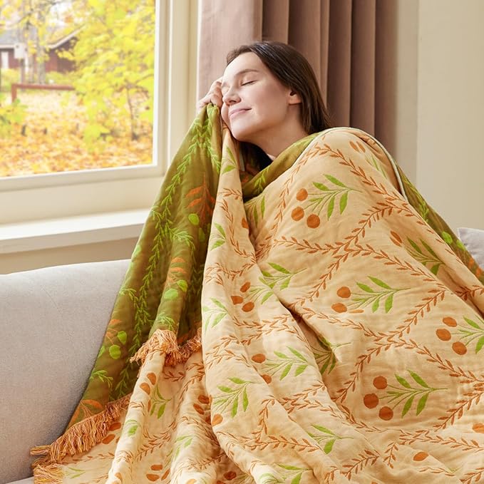 100% Cotton Boho Throw Blanket for Home Decor – Classic Farmhouse Quilt Bedding, Muslin Blankets for Adults, Vintage Woven Decorative Blanket for Couch, Bed Layering Use, Vintage Floral, 60"x80"