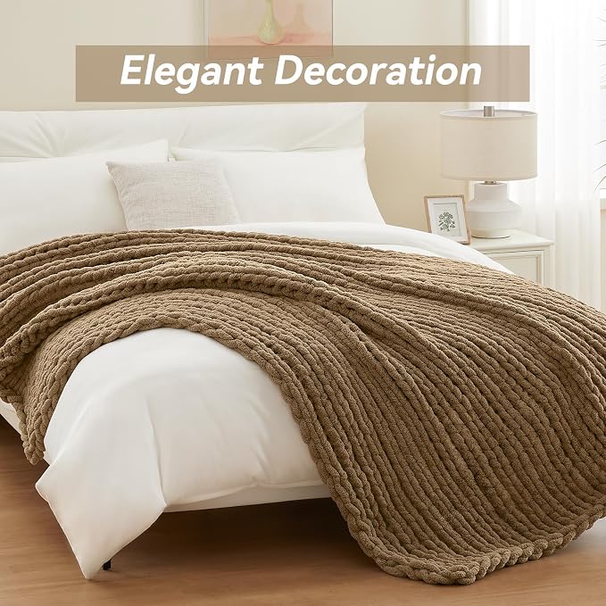 Negwoo Chunky Knit Throw Blanket, Knitted Throw Chenille Yarn, 60"*80" | Soft Thick Cable Knitted Blankets, Handmade Big Thick Blanket, Machine Washable Cute Comfy Blanket for Home Decor,Light brown