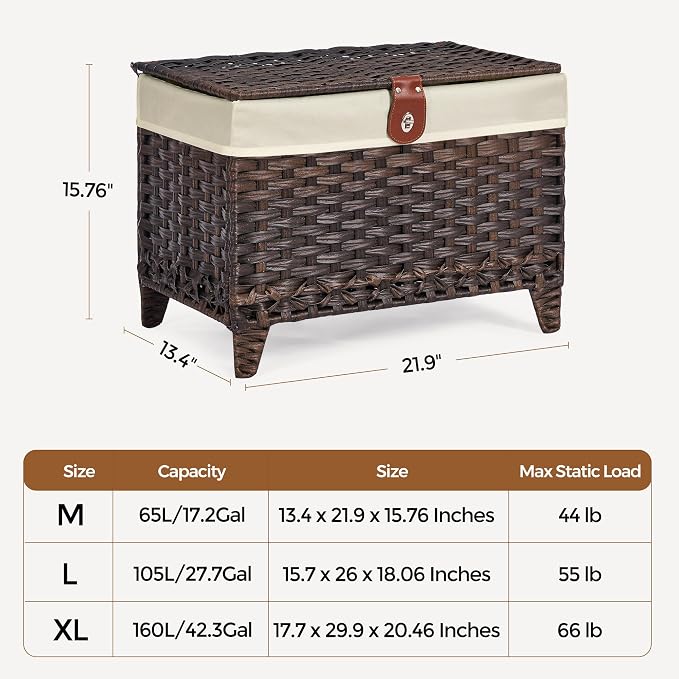 Wicker Storage Basket with Lid, 65L Shelf Basket with Removable Liner Bag | Rattan-Inspired Woven Design, Elevated Feet, Storage Trunk for Wardrobe, Bedroom & Home Organization