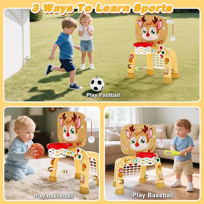 Toddler Basketball Hoop Tball Set & Soccer Goal Play Activity Center,Toys for 1 2 3 Year Old Boys Girls,Montessori Sports Toys with Sound Music Christmas Birthday Gifts for Baby Kids 12 Months+
