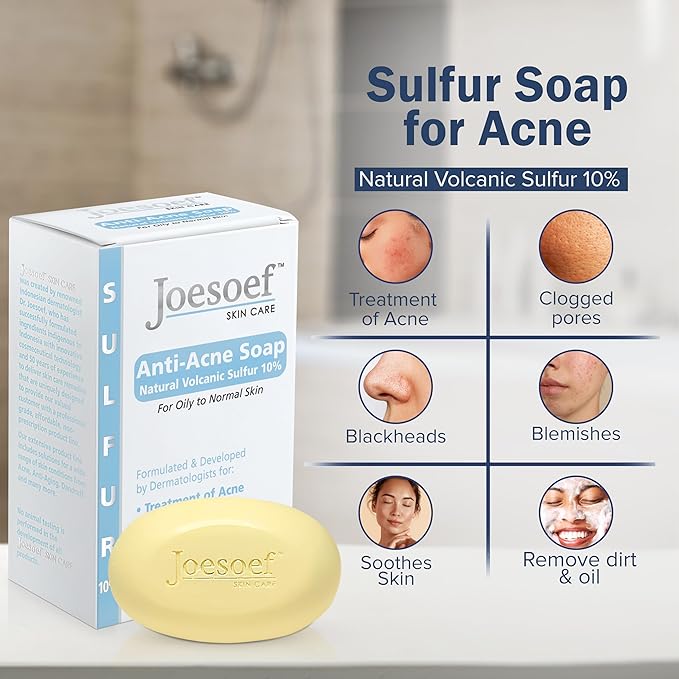 Joesoef Anti-Acne Soap, Natural Volcanic Sulfur 10%, for Oily to Normal Skin, 3.5-Ounces (Pack of 3)