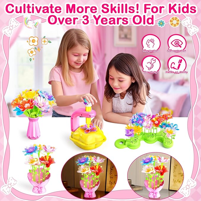 DIY Arts and Crafts for Kids Flower Toys with Lighted vase, Upgraded Unicornous Design Fabric Bouquet Craft Kits for Kids Toys for Toddler Girls Christmas Birthday Gifts for 3 5 6 7 8 10 12+ Year Old