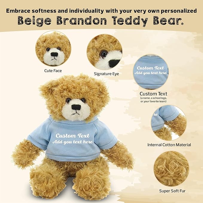 Customized Beige Brandon Bear - 12 inch Personalized Stuffed Bear Plush Toy - Perfect Custom Shirt Bear Gift for Graduation Valentines Graduation Easter Holidays (Powder Blue Shirt)