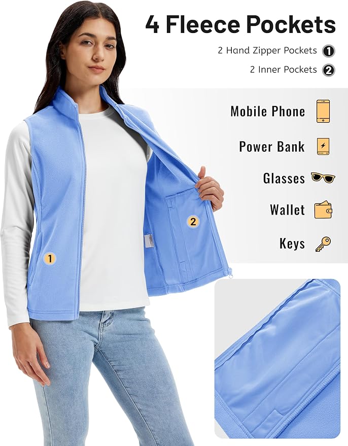 TACVASEN Women's Fleece Vest Lightweight Sleeveless Zip Jacket Outerwear | Soft Polar,Zipper Pockets,Stand Collar,Fall Winter Warm,Outdoor,Athletic,Running,Hiking,Travelling,Golf,Work