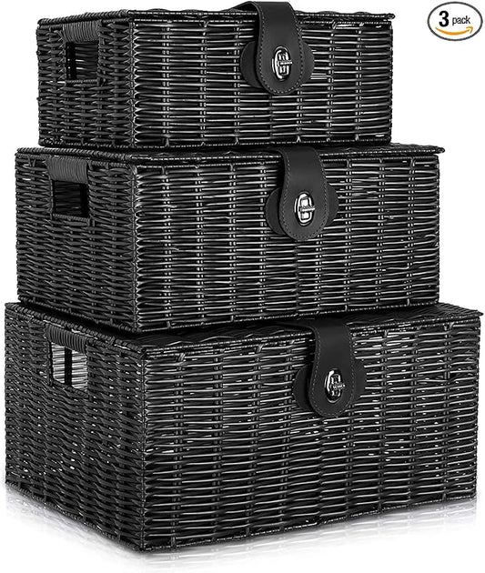 Set of 3 Woven Wicker Storage Basket Box with Lids & Lock, Built-in Carry Handles, Multifunctional Storage Organizer for Nursery, Baby, Clothes, Toys, Books, Large/Medium/Small Size (Black)