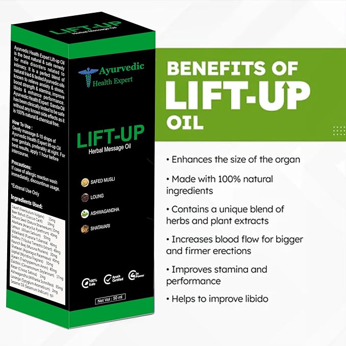 Lift-up 50ml | 100% Pure & Natural Herbal Massage Oil for Men | Boosts Strength, Stamina & Vitality | Chemical-Free Ayurvedic Formula for External Use (50 Ml Pack of 1) 1.6oz