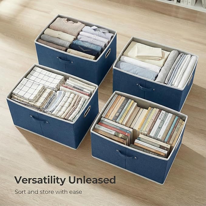 Storage Bins with Lids [3-Pack] Linen Fabric Foldable Storage Boxes Organizer Containers Baskets Cube with Cover for Bedroom Closet Office Royal Blue(23.4X15.9X11.4)