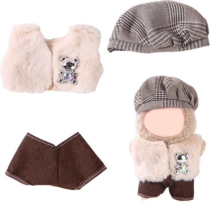 17cm Doll Clothes Set (No Doll) – Outfit with Hat & Overalls, Handmade Accessories for Mini Dolls, OB11-Compatible Dress-Up Gift (Hunter)