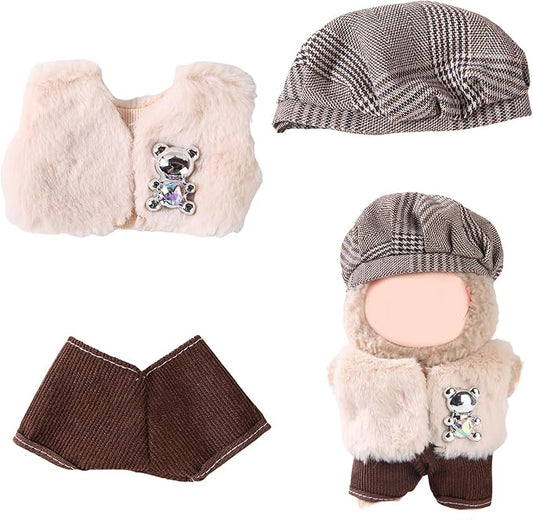 17cm Doll Clothes Set (No Doll) – Outfit with Hat & Overalls, Handmade Accessories for Mini Dolls, OB11-Compatible Dress-Up Gift (Hunter)