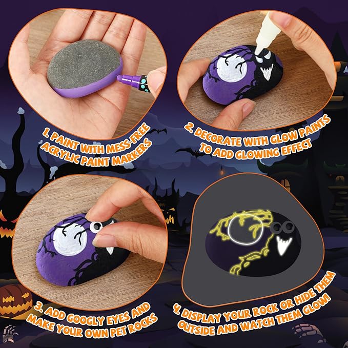 JULEASEL Rock Painting Kit, Glow in The Dark Rock Craft Paint Kits, Arts and Crafts for Kids Ages 6-12, Holiday DIY Crafts for Girls & Boys with Mess-Free Pens Markers