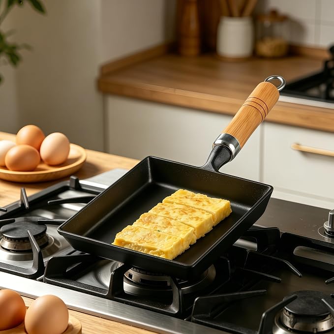 Cast Iron Tamagoyaki Pan Japanese Egg Omelette Pan Skillet Wooden Handle