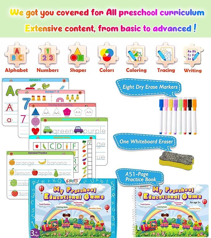 Montessori Preschool Learning Tracing Workbook - Toddler Alphabet and Numbers Handwriting Practice Busy Activity Book Dry Erase, Autism Materials Prek Educational Toy for Kids Age 3 4 5