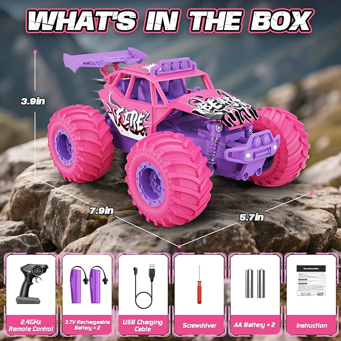 Remote Control Car, All Terrain RC Cars with Speed Switch RC Truck with LED Headlight and Rechargeable Batteries, 20KM/H Monster Truck Toys Gift for Girls Age 6-8 8-12, Pink