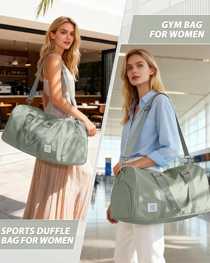 Travel Duffle Bag,Weekender Overnight Bags for Women with Shoes Compartment,Tote Gym Bag Personal Item Carry On Bag for Travel Business Trips Sport Hospital Dance Grey Green