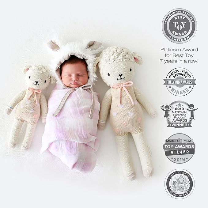 cuddle + kind Pastel Lucy The Lamb Regular 20" Hand-Knit Doll – 1 Doll = 10 Meals, Fair Trade, Heirloom Quality, Handcrafted in Peru, 100% Cotton Yarn