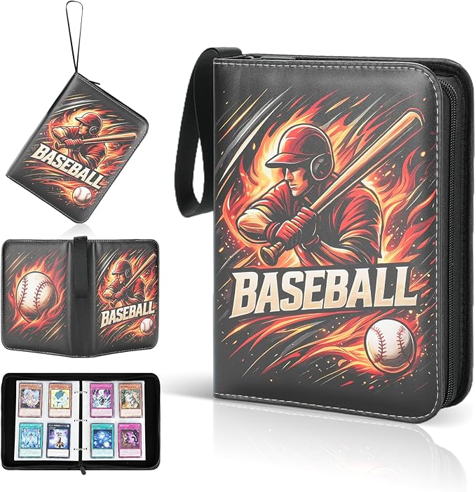 Best baseball card binder 4-Pocket holds 480 cards, 120 pages side-loading, PU leather zip waterproof cover, acid-free pages, for home storage & card shows, baseball cars binder, gift kids boys girls!