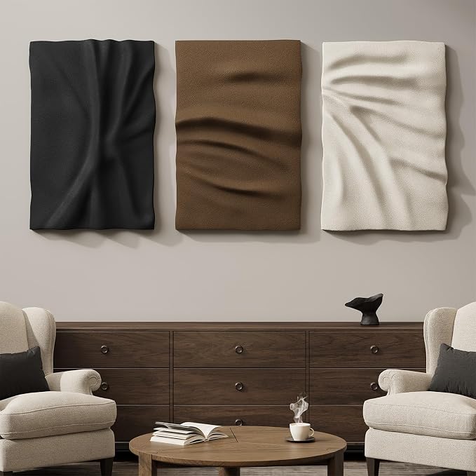 Large 3D Textured Wall Art Decor for Living Room, 3 Piece Modern Neutral Abstract Carved Artwork for Walls, Black and White Brown Minimalist Pictures Wall Decor for Hallway, Dining Room Home Decor, 24x36 In
