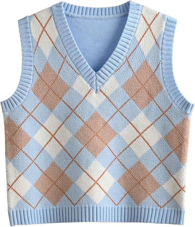 Women's Sweater Vest,Y2K Sleeveless Pattern Preppy Style Knitted Crop Tank Top for Girl