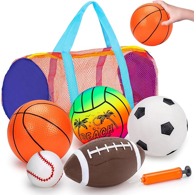 5 Pack Sports Balls Set for Kids with Bag Balls for Toddlers 1-3 Football Soccer Basketball Baseball Volleyball Outdoor Toys Sport Bouncy Playground Kickball Hand Pump Outside Toddler 1-3 2-4 3-5 Gift