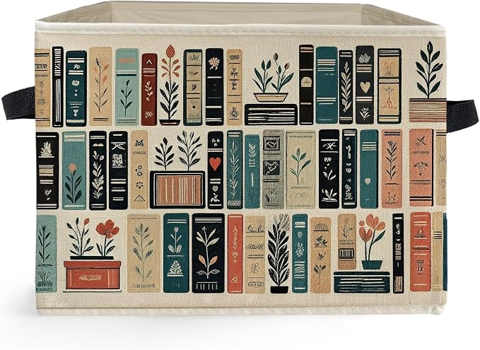Vintage Floral Book Storage Box Bins, Reading Lover Bookish Bookworm Gifts Collapsible Storage Basket Organizer for Reading Nook Corner Room Library Home Clothes Books
