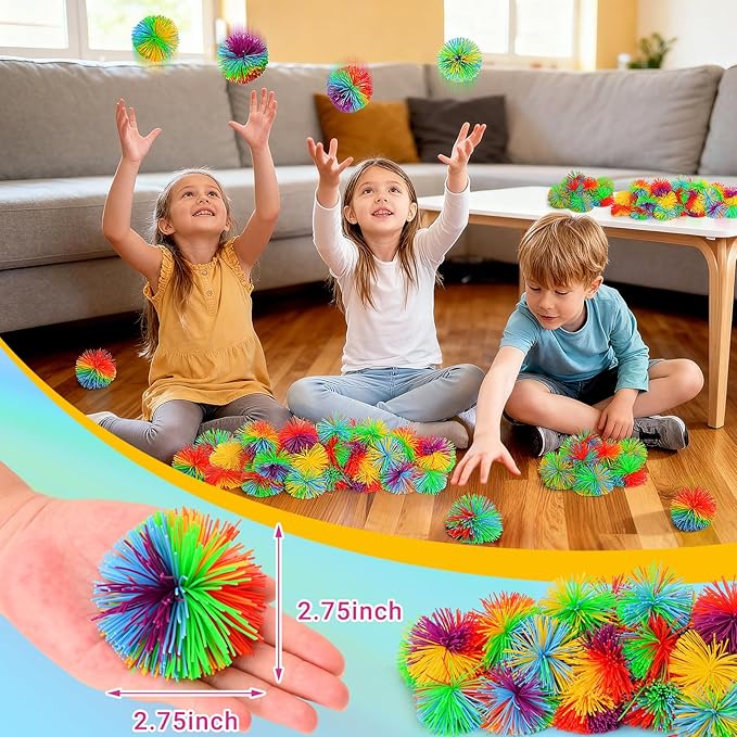 14PCS Stringy Balls, Sensory Stringy Ball, 2.75 inch Soft Rainbow Pom Bouncy, Stocking Stuffers for Kids, Monkey Pom Balls Fidget Toys Stress Ball, Birthday Gifts for Boys Girls Ages 3+