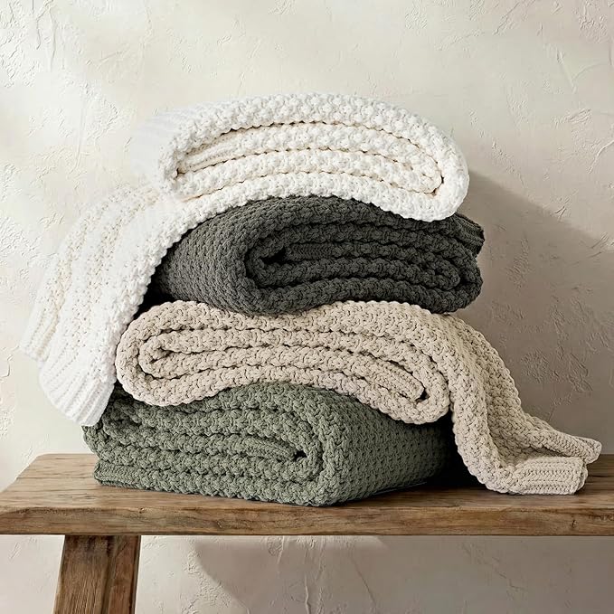 EVERGRACEHOME Chunky Chenille Knit Throw Blanket for Couch, Soft Luxurious Moss Stitch Blankets for Bed, Cozy Decorative Farmhouse Knitted Throws for Sofa, Bright White, 50" x 60"