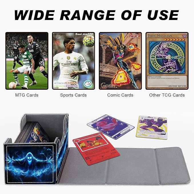 Card Game Storage Box TCG Deck Box MTG Card Box Organizer Trading Card Case Commander Deck Box TCG Card Storage Box Magnetic Closure Creative Pattern Up to 200 Cards, Blue Flame Smoke Skull Death