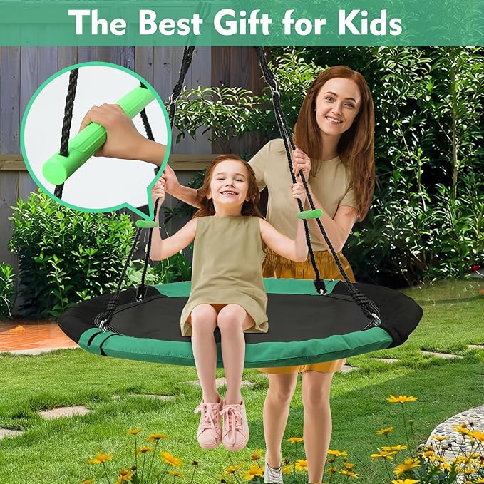 YSEJOMP 3.3FT Round Tree/Saucer Swing with Handles -Made of Sturdy Frame,PP Mat,Adjustable Multi-Strand Ropes,Safe and Durable for Yard Garden Playground Park (Black and Dark Green, 40 inches)