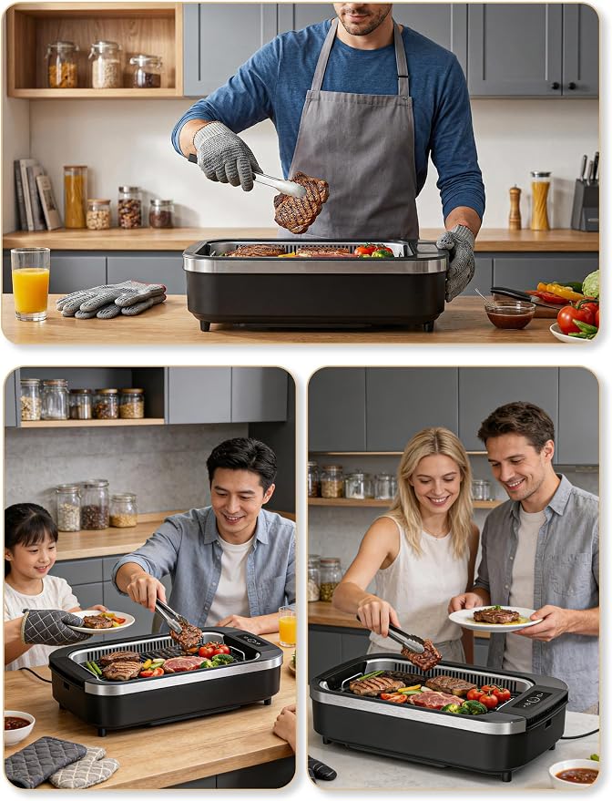 indoor Smokeless Grill, COWSAR indoor Grill, 1500W Electric Grill with Tempered Glass Lid & Drip Tray, Portable Non-Stick Korean BBQ Grill, 6-Level Control, 90 Min Auto, Dishwasher Safe