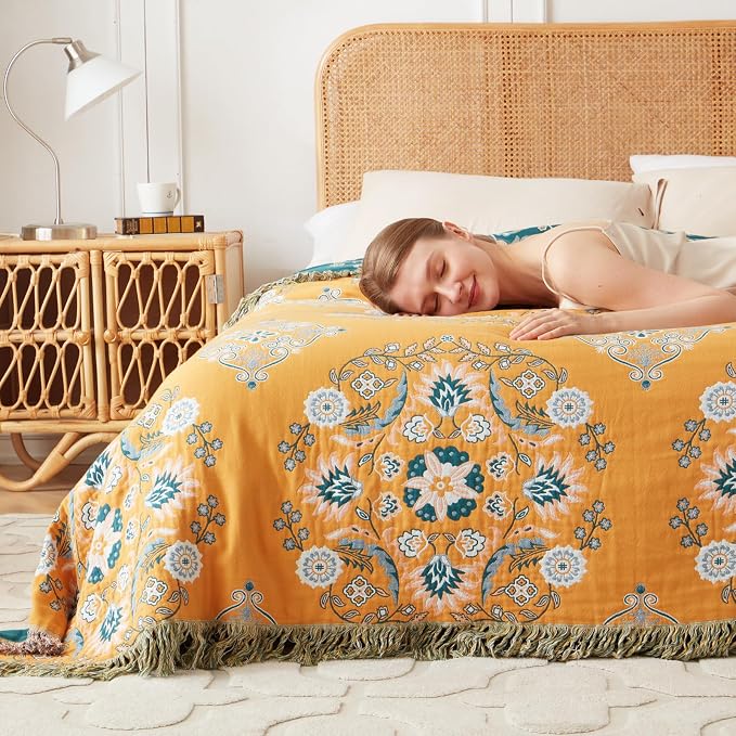 LUTBM Boho Throw Blanket for Bed 100% Cotton Soft Lightweight Quilt Reversible Summer Blanket Floral Embroidery Home Decor Bed Blankets,90"x98" All Season Blankets for Sofa Couch Chair