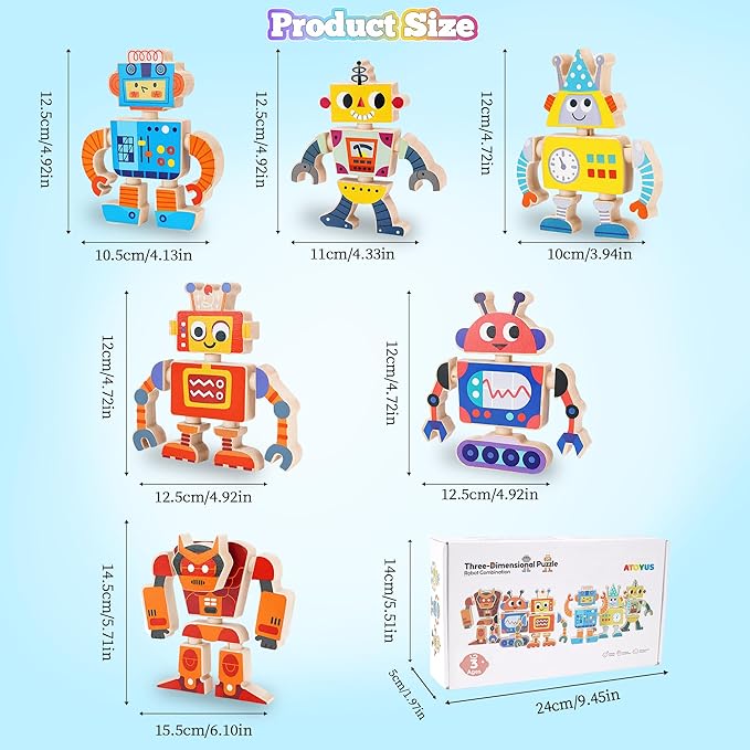 ATOYUS Wooden Robot Building Blocks Toys, STEM Montessori Preschool Toys for 3+ Year Old Toddlers, 35 Pcs Snap Together Take Apart Toy Playset for Kids Ages 3-5, Boys Girls Christmas Birthday Gifts