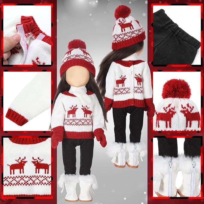 6 Pcs Christmas 18 Inch Doll Clothes and Accessories Winter Outfits Set Sweaters Trousers Hats Shoes for 18 Inch Doll Gift(White and Red,Deer)